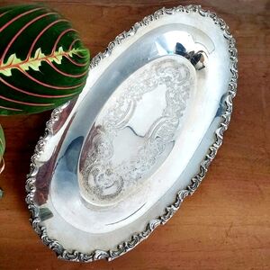 ✨ Vintage Silver Plated Engraved Oval Tray 13" x 7½" Ornate Scalloped Dish